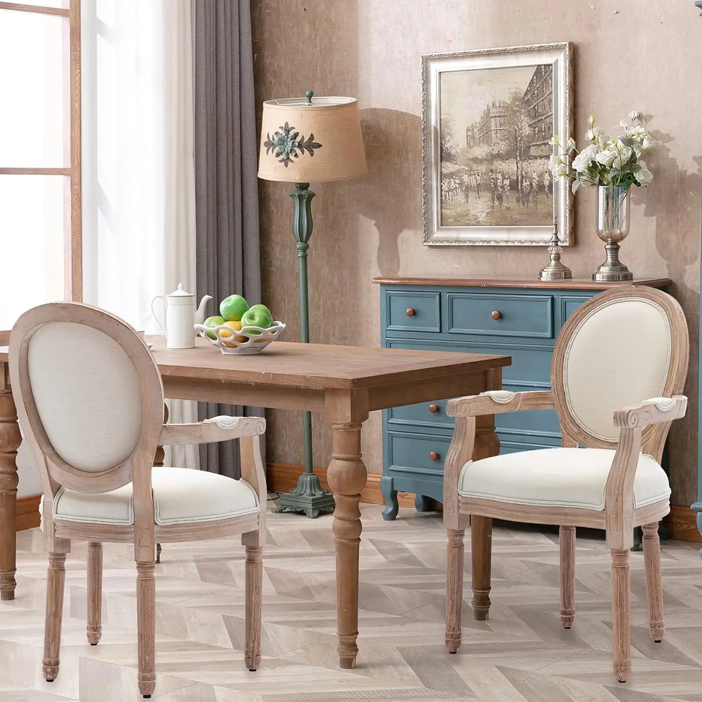 French Round Back Upholstered Dining Chairs Set 2 Solid Wood
