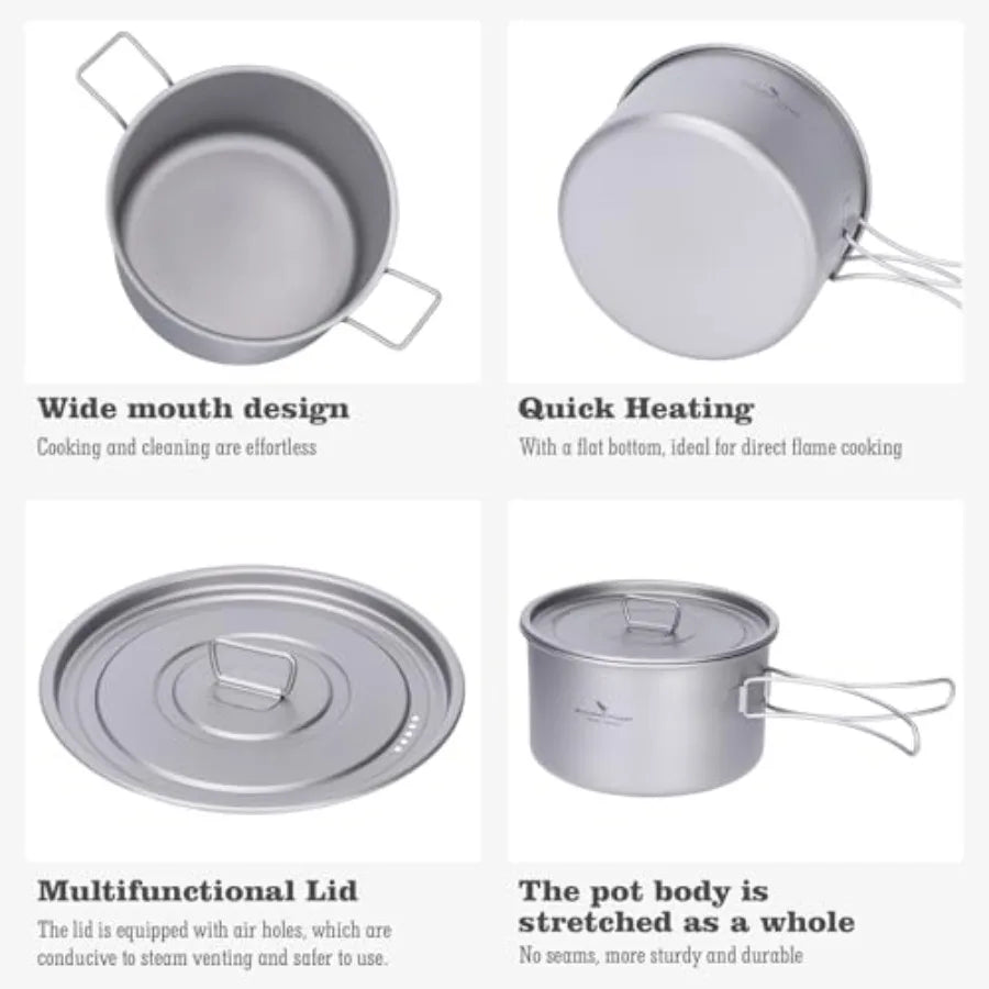 Titanium Camping Pots Set With Lids Foldable Handles Lightweight