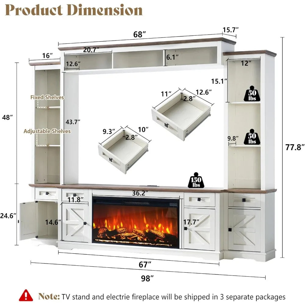 Farmhouse Entertainment Center With Fireplace TV Stand Bookshelf Wine Cabinet