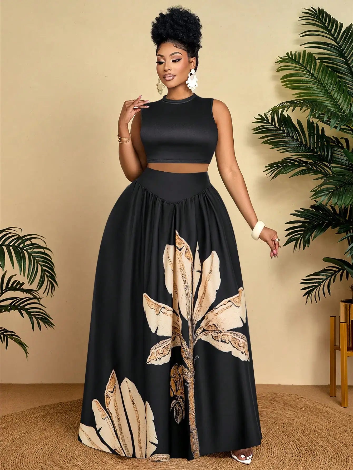Two Piece Set Sleeveless Crop Top and Floral Maxi Skirt