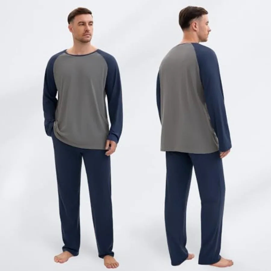 Men's Polyester Pajama Set 2-Piece Long Sleeve Nightwear With Pockets