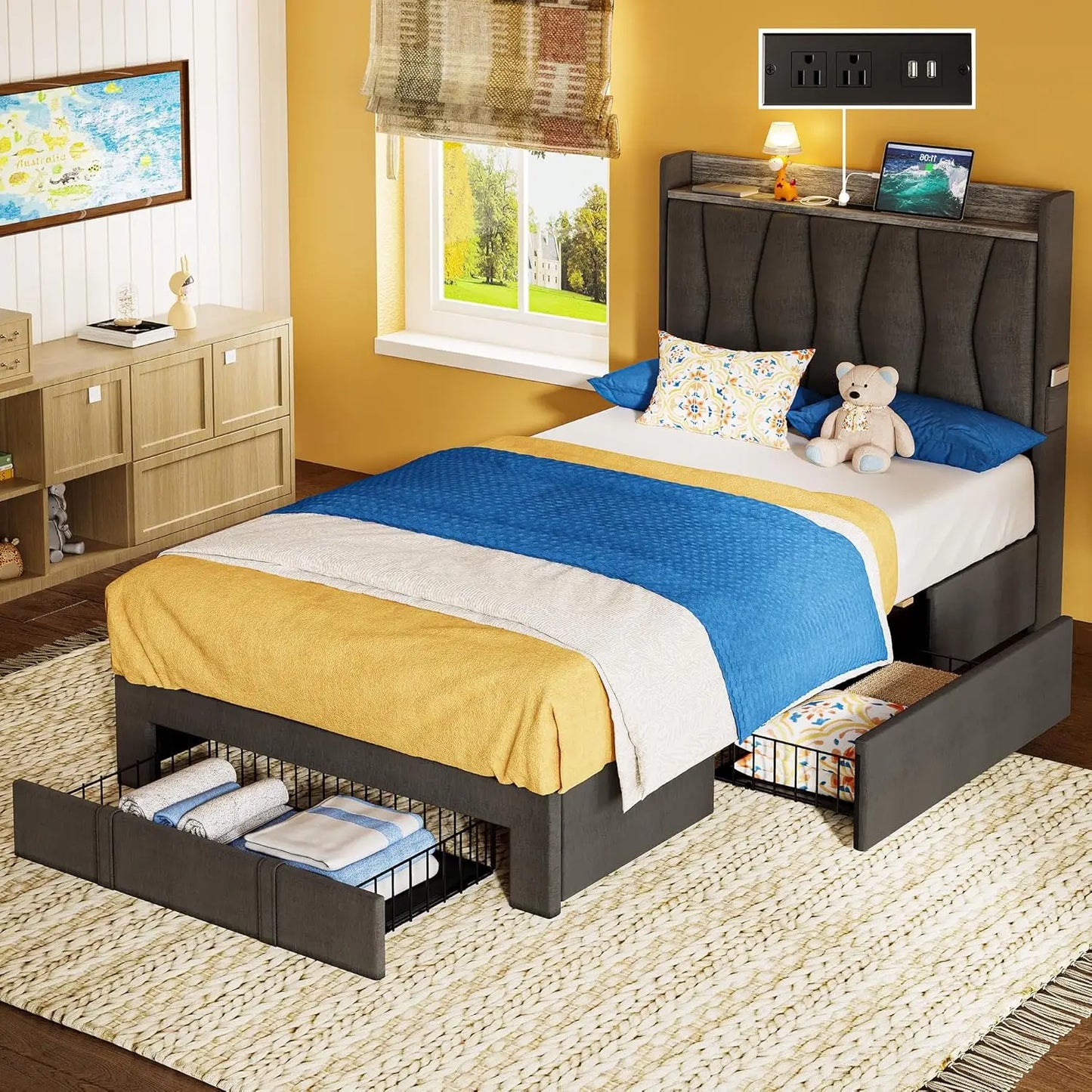 Bed Frame With Storage Drawers And Charging Station