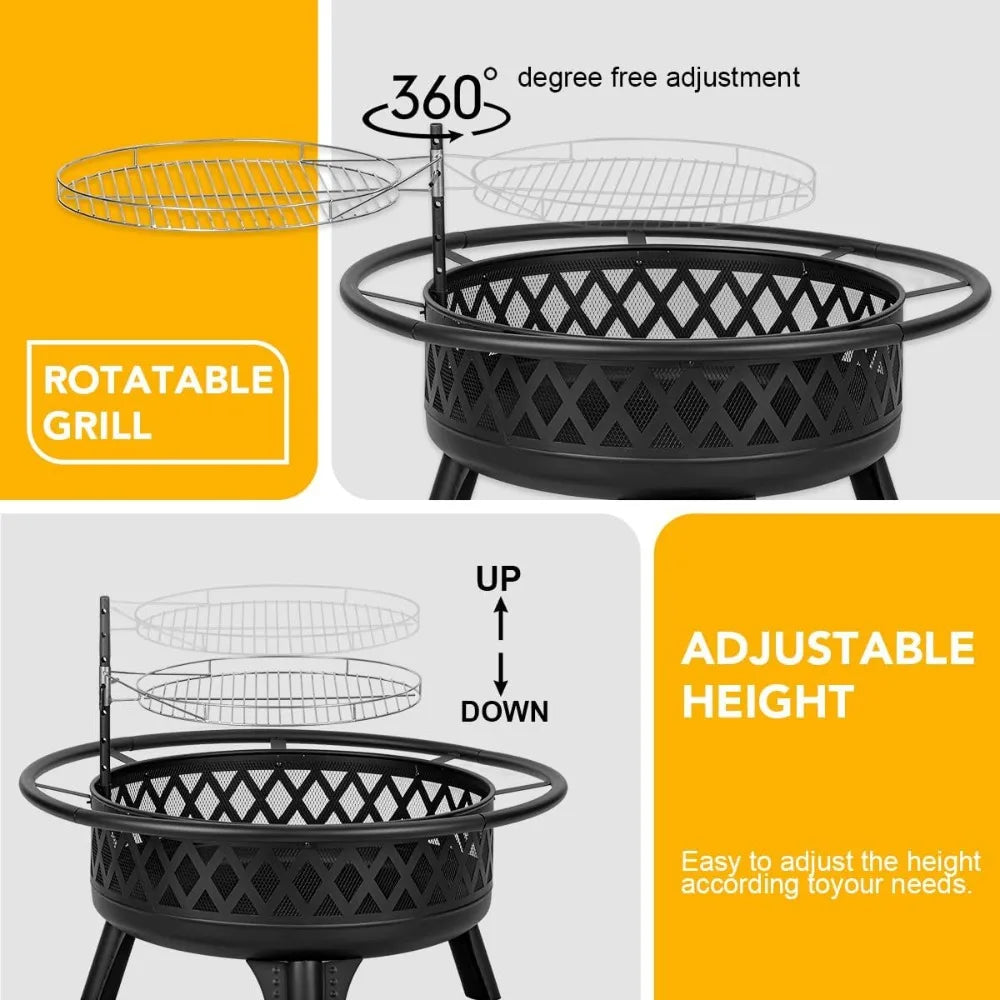 DAFIFY Round Outdoor Fire Pit With Grill And Metal Lid
