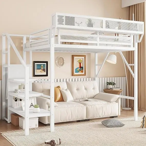 MKDK Metal Loft Bed With Stairs And Storage Wardrobe