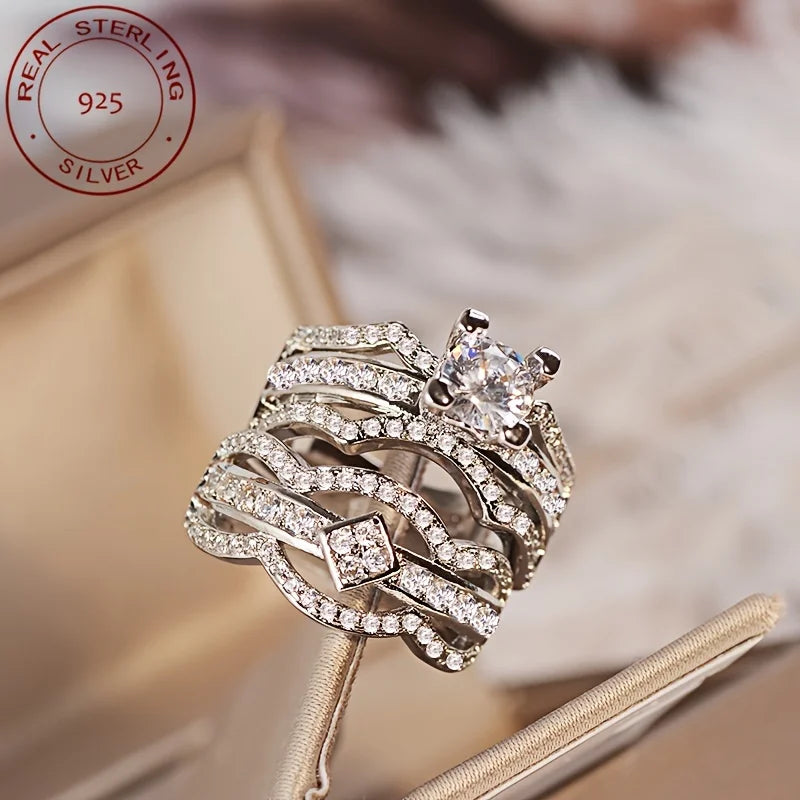 WPOOCC 925 Sterling Wedding Ring Set Halo Vintage Bridal Jewelry