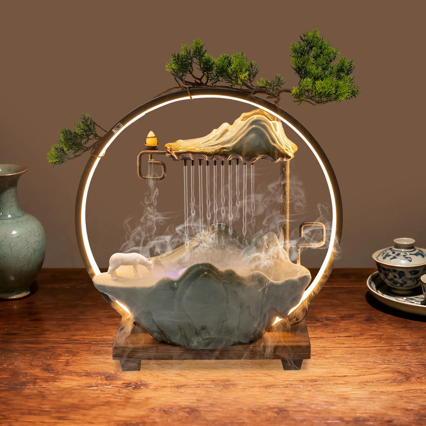 Indoor Tabletop Water Fountain With LED Mist Rockery Feng Shui Decor