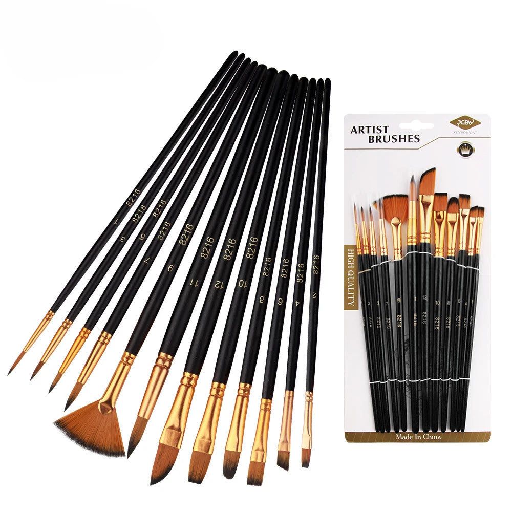 Hair 12 Piece Nylon Flat Brush Set Oil And Watercolor