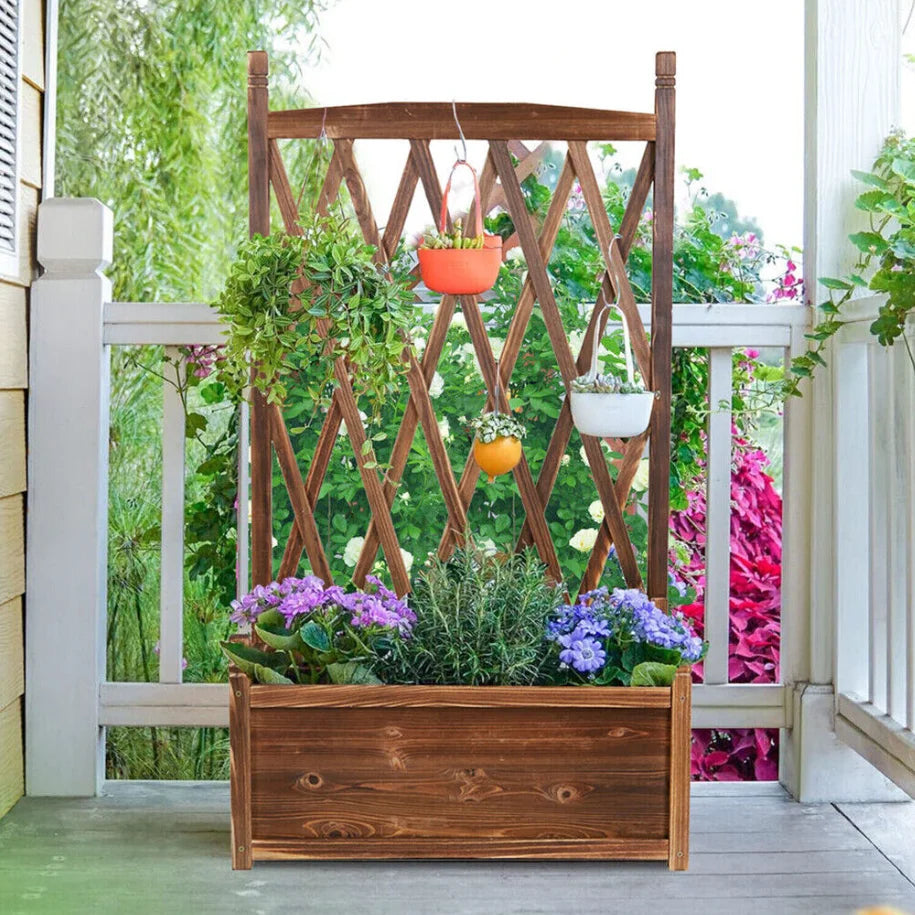 Elevated Wood Planter Box With Trellis For Herbs And Flowers