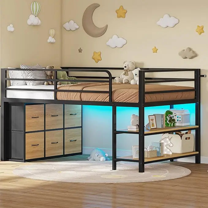 Loft Bed With LED Lights, 6 Drawers, Shelves And Guardrail