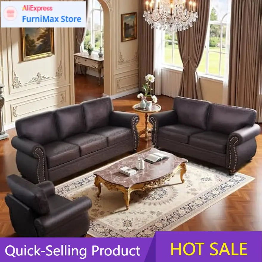 Mid-Century Vintage Rivet Design Sofa Set For Living Room