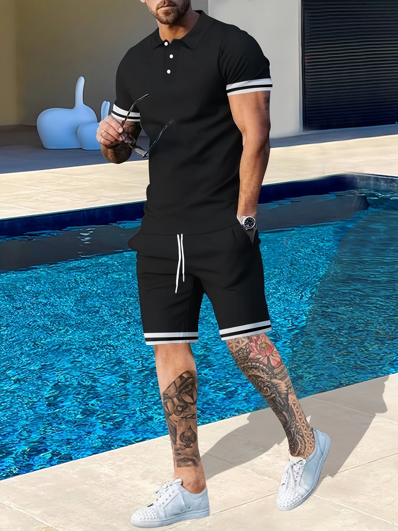 NONECN Men's Summer Short Sleeve Polo And Shorts Two-Piece Set