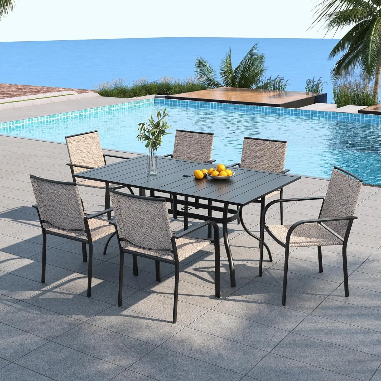 7 Piece Outdoor Patio Dining Set With 6 Stacking Chairs Rectangular Table