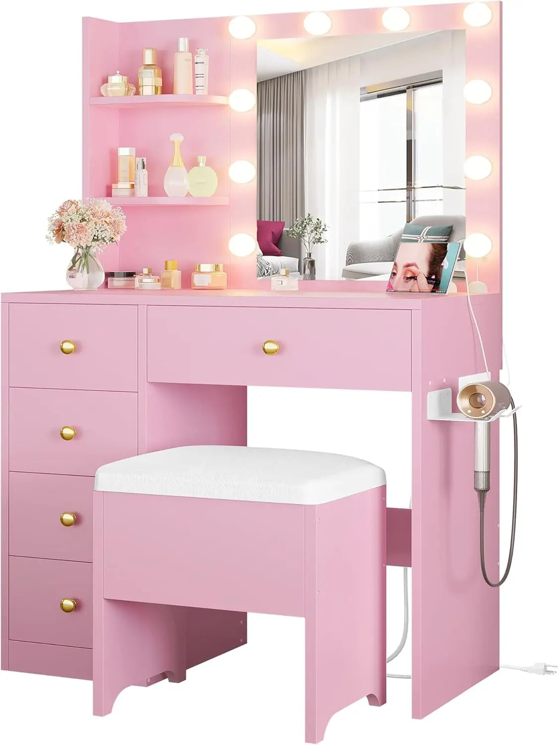 ZHUOTING Vanity Desk With Mirror And Lights 5 Drawers