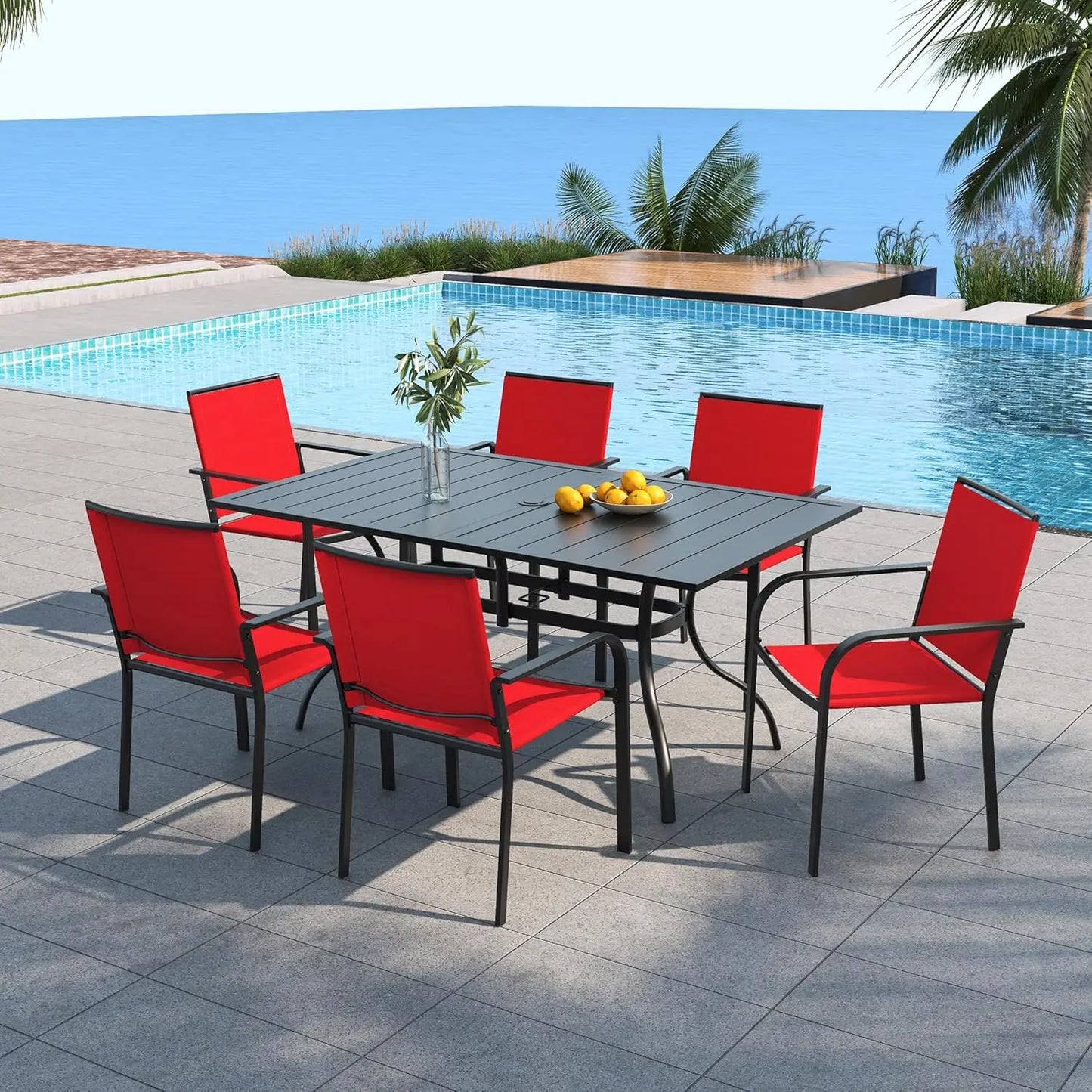 7 Piece Outdoor Patio Dining Set With 6 Stacking Chairs Rectangular Table