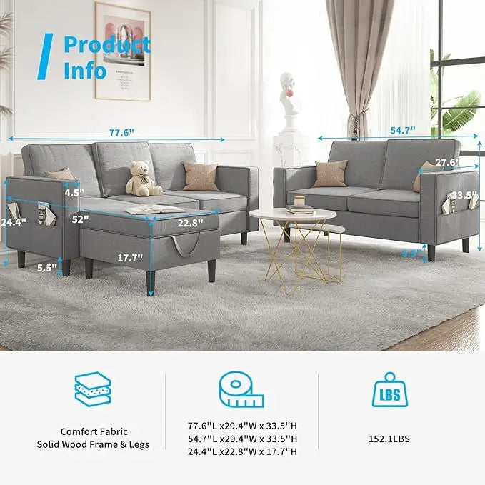 HUANZHUANG 3 Piece Sectional L Shaped Sofa Set Modern