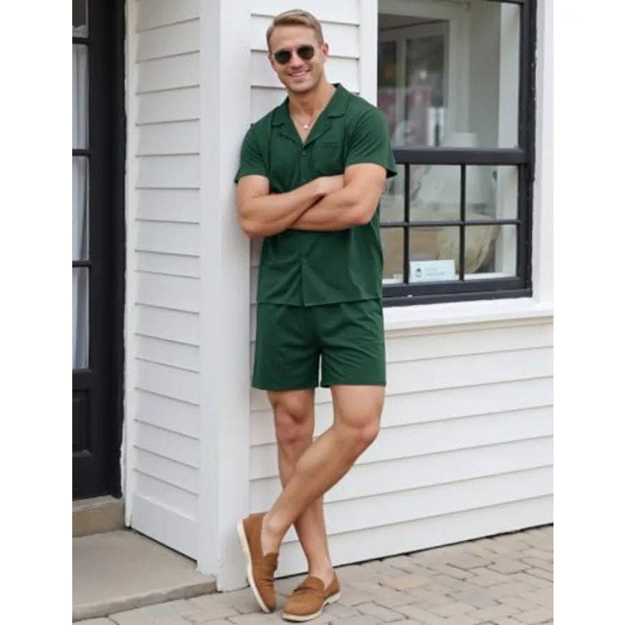 Marvmys Men Pajama Set Polyester Sleepwear Short Sleeve Pajamas