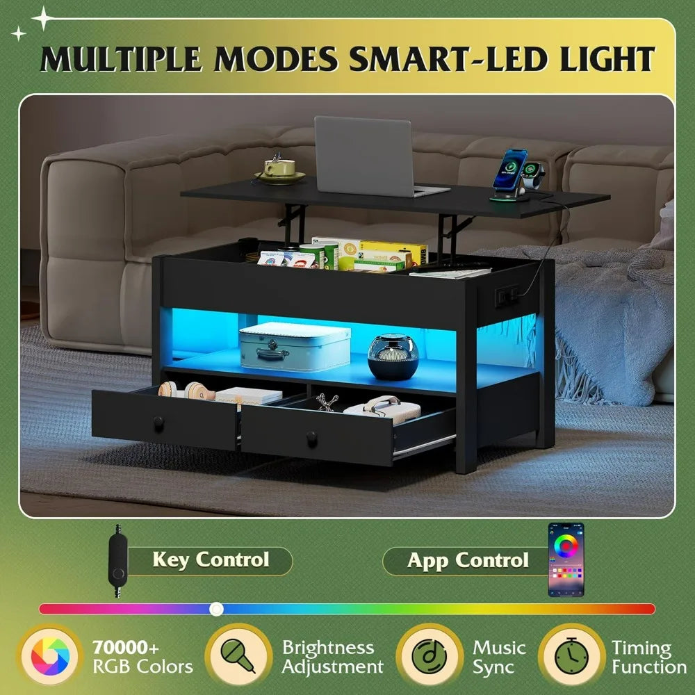 Lift Top Coffee Table With LED Light and Two Drawers