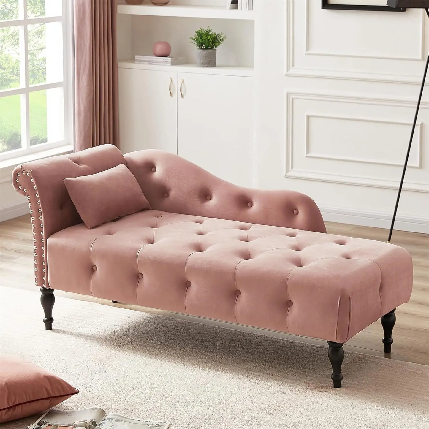Huanzhuang Modern Velvet Upholstered Chaise Lounge With Button Tufting And Solid Wood Legs