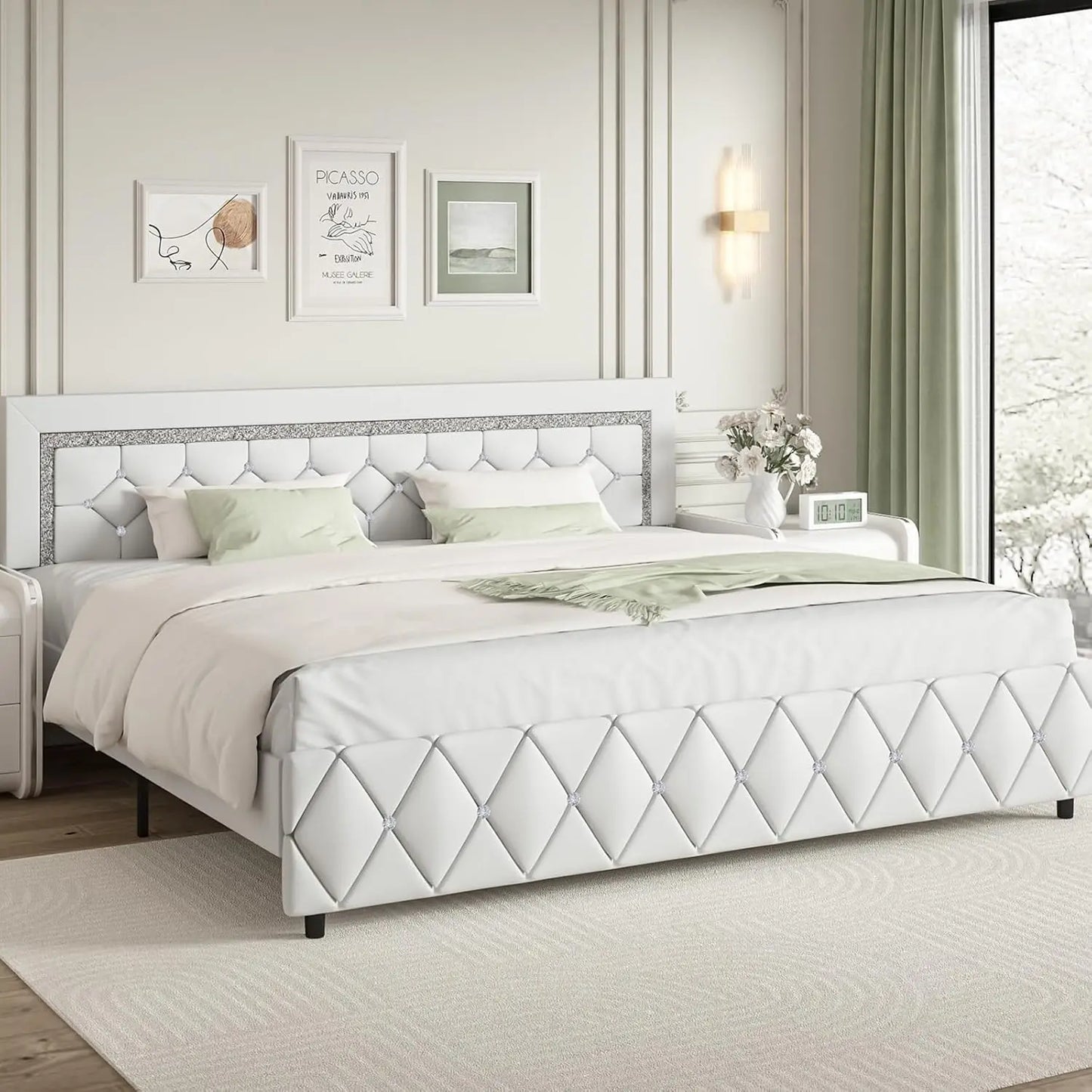 Guangbai Faux Leather Diamond Tufted Platform Bed Frame With Headboard