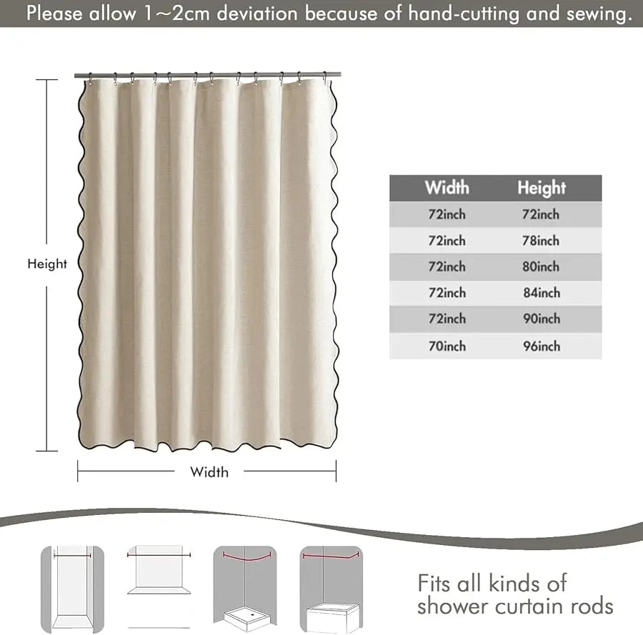 Guangdong Linen Scalloped Shower Curtain With Metal Hooks Waterproof