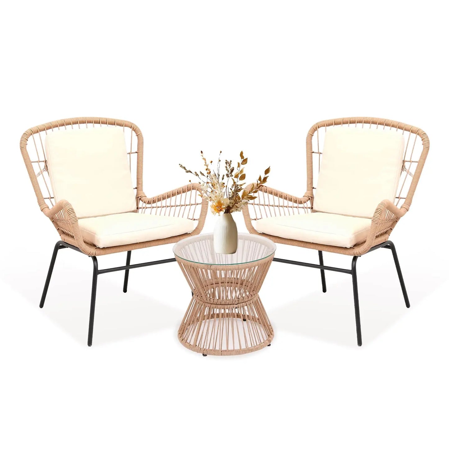 HobbyLane Boho 3-Piece Outdoor Patio Rattan Set With Glass Table