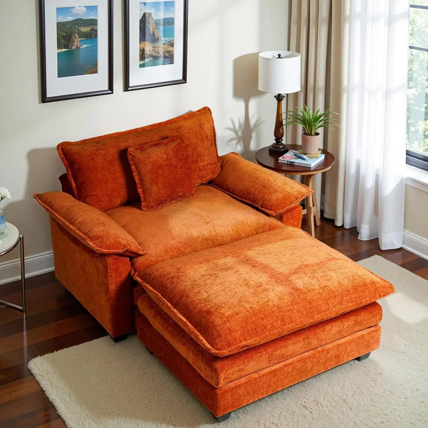 HUANZHUANG Chenille Upholstered Accent Chair With Ottoman For Living Room And Reading