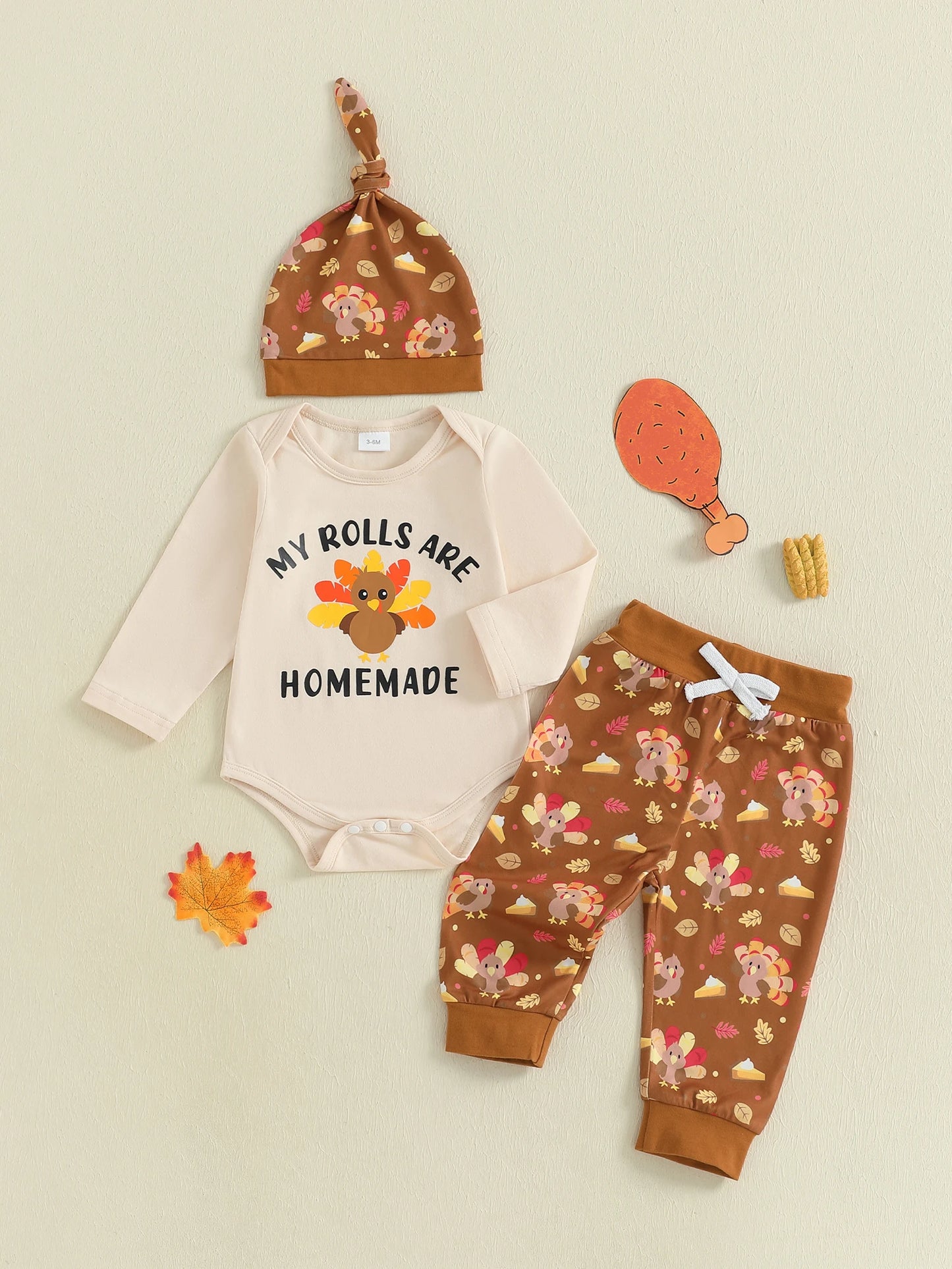 Thanksgiving Turkey Print Baby Boy 3Piece Outfit Set With Hat