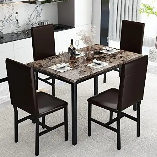 Marble Dining Table Set For 4 With PU Leather Chairs