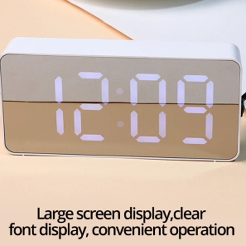 LED Mirror Clock With Snooze And Night Light USB Alarm