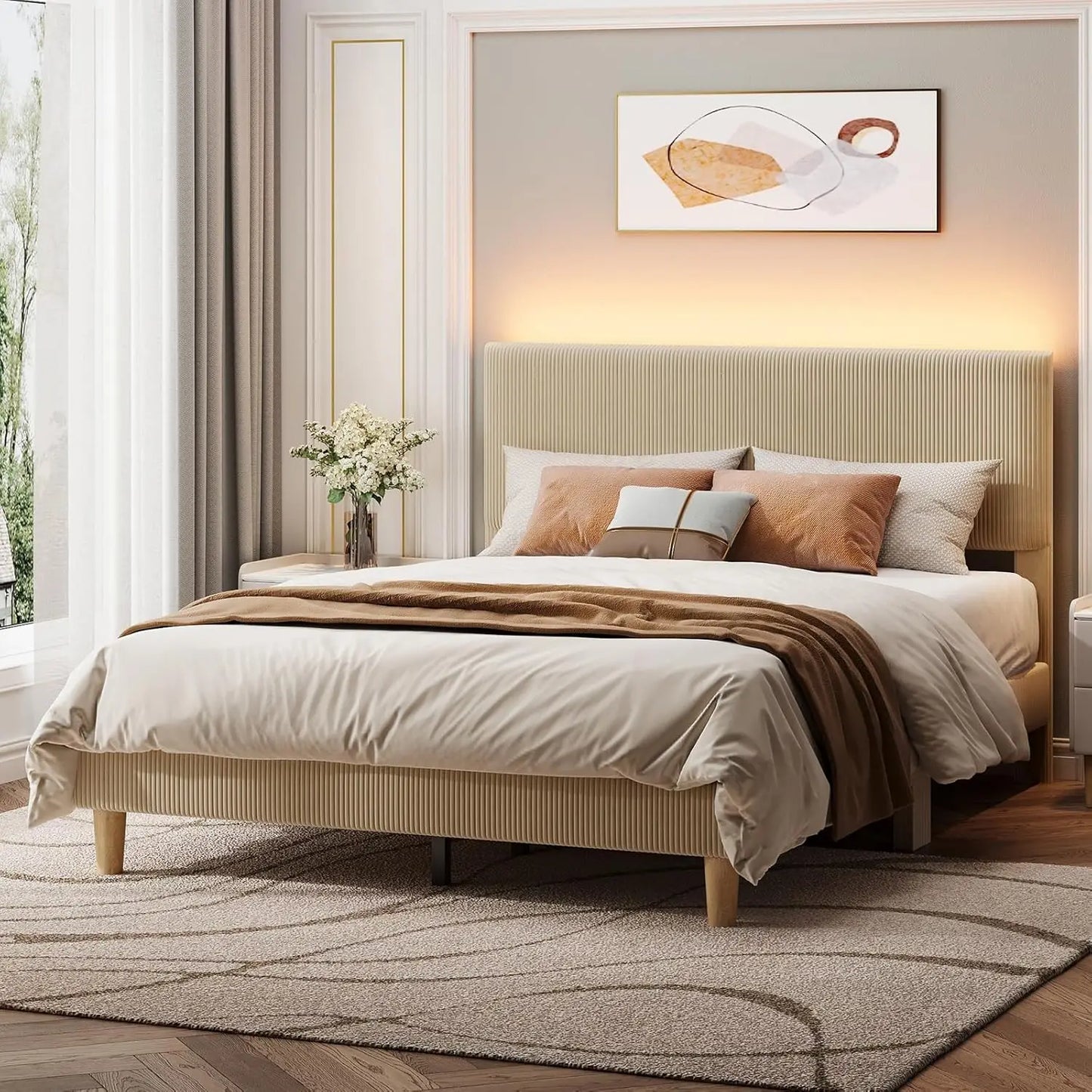Platform Bed Frame With LED Headboard And Wooden Slats
