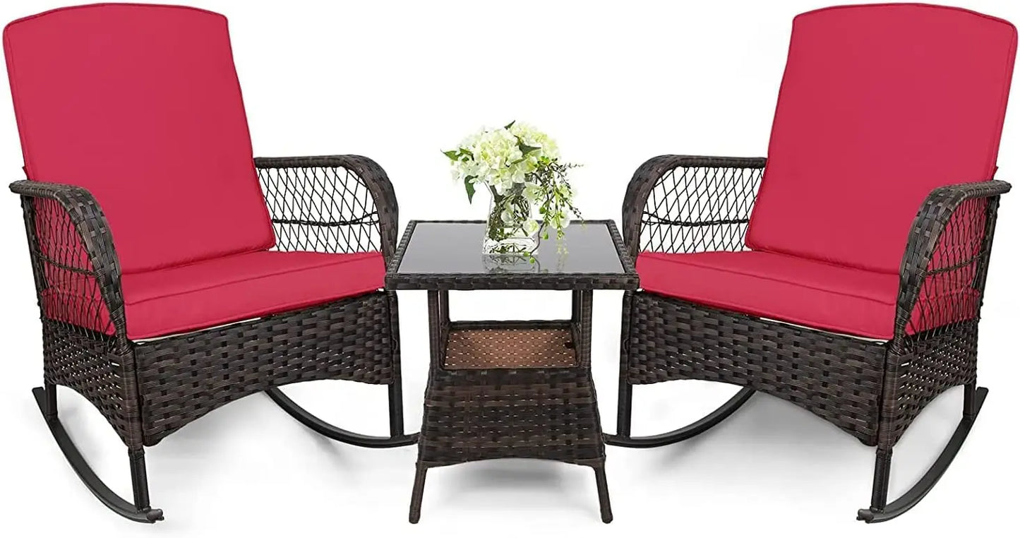 Outdoor Rocking Bistro Set With Glass Table PE Wicker 3-Piece