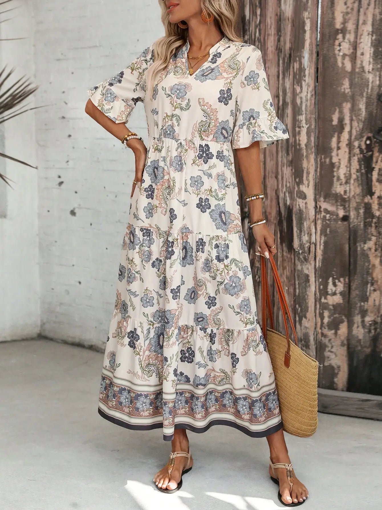 Women's Solid Color Casual Tiered Maxi Dress V-Neck A-Line
