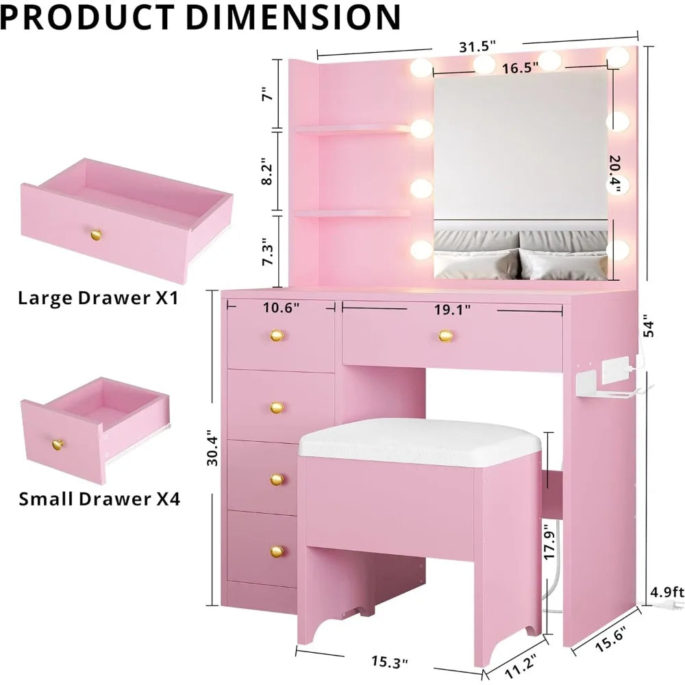ZHUOTING Vanity Desk With Mirror And Lights 5 Drawers
