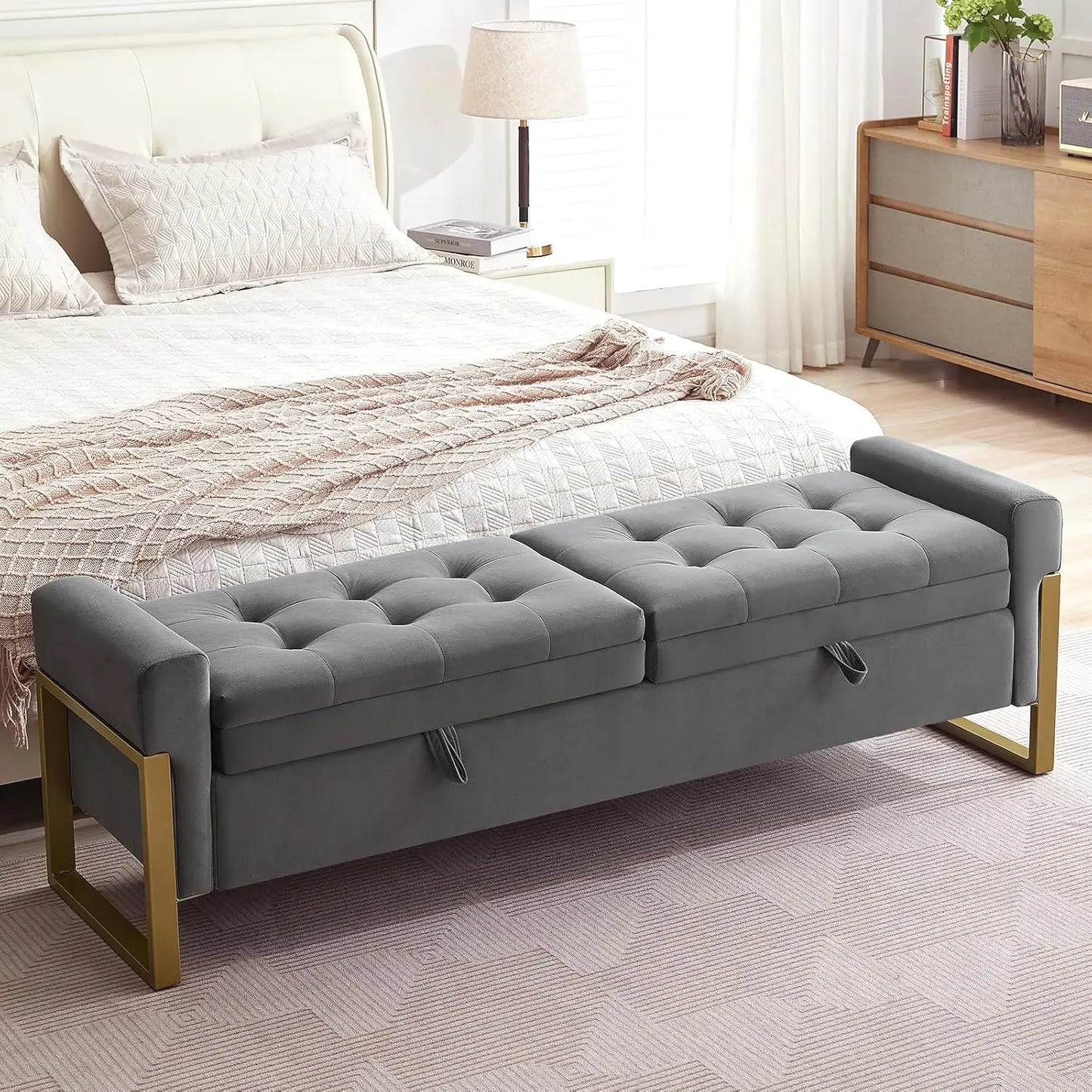 Bed End Storage Bench With Velvet Upholstery And Metal Legs