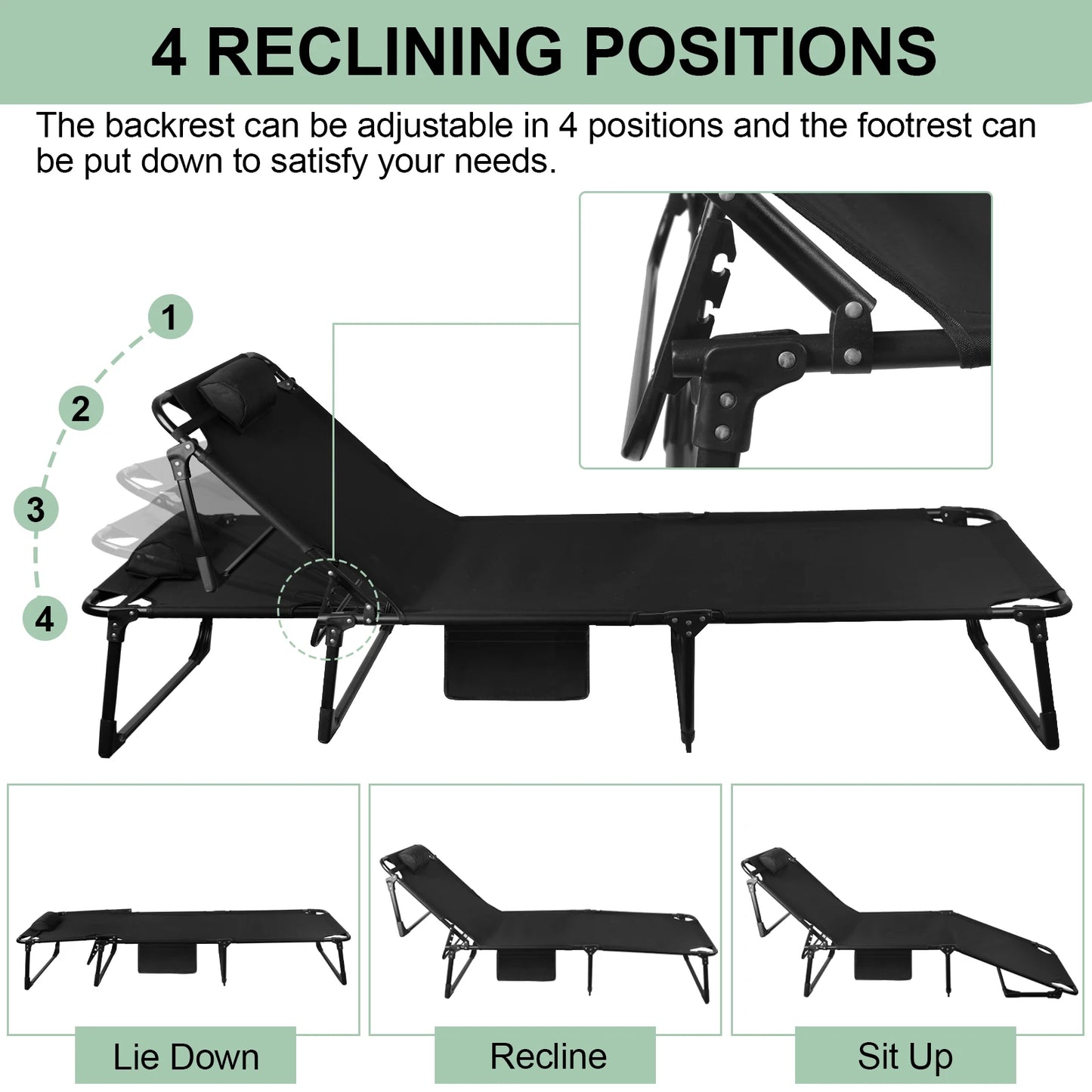 Portable Folding Camping Cot 3Position Adjustable Lounge Chair Outdoor Bed