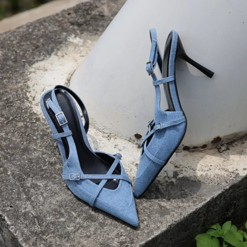 Denim Fashion Pointed Toe Belt Buckle High Heel Sandals