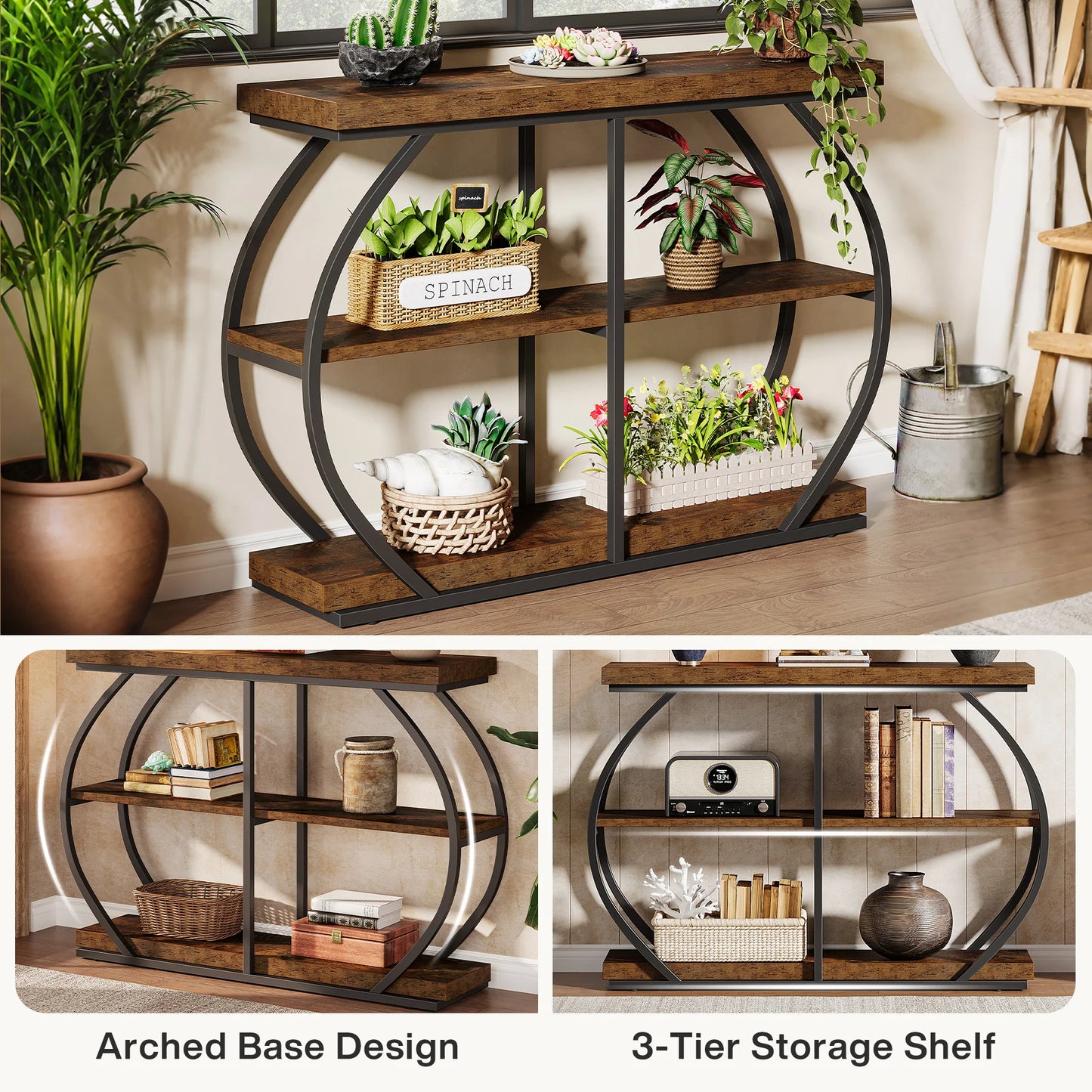 Tribesigns Industrial Console Table With Arched Metal Frame And Storage Shelves
