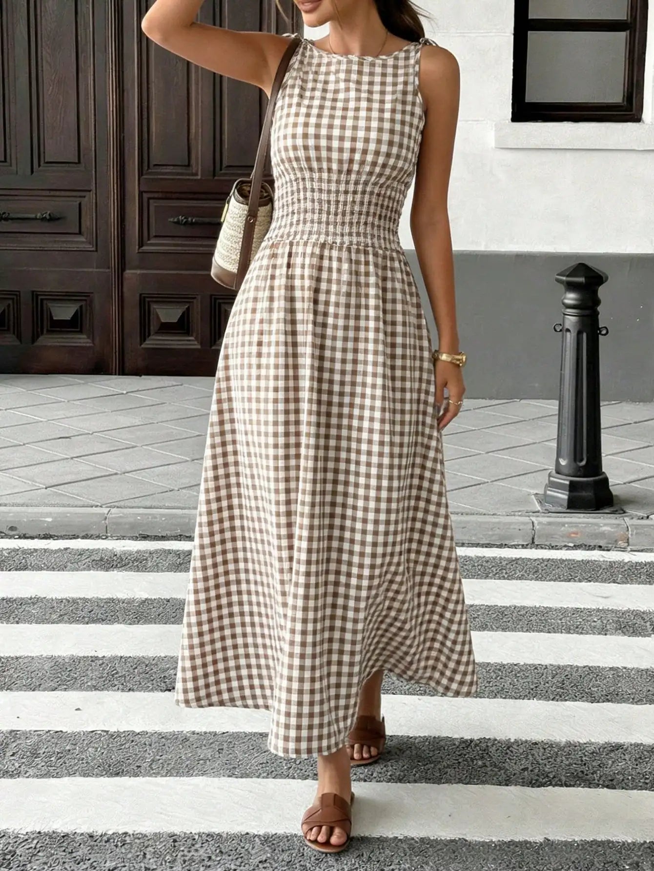 Gingham Maxi Dress With Bow Tie Straps Smocked Waist