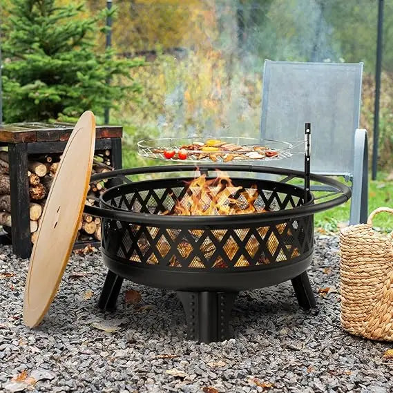 DAFIFY Round Outdoor Fire Pit With Grill And Metal Lid