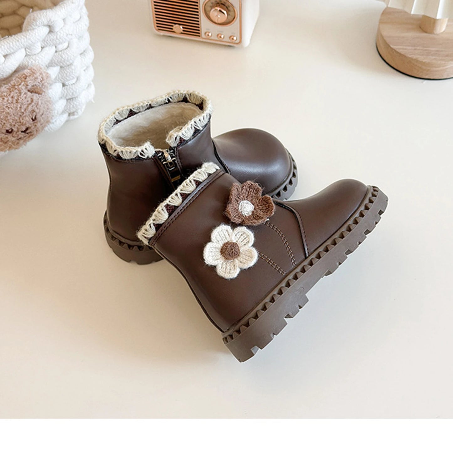 Girls Fleece Lined Winter Boots With Flower Decor Side Zip