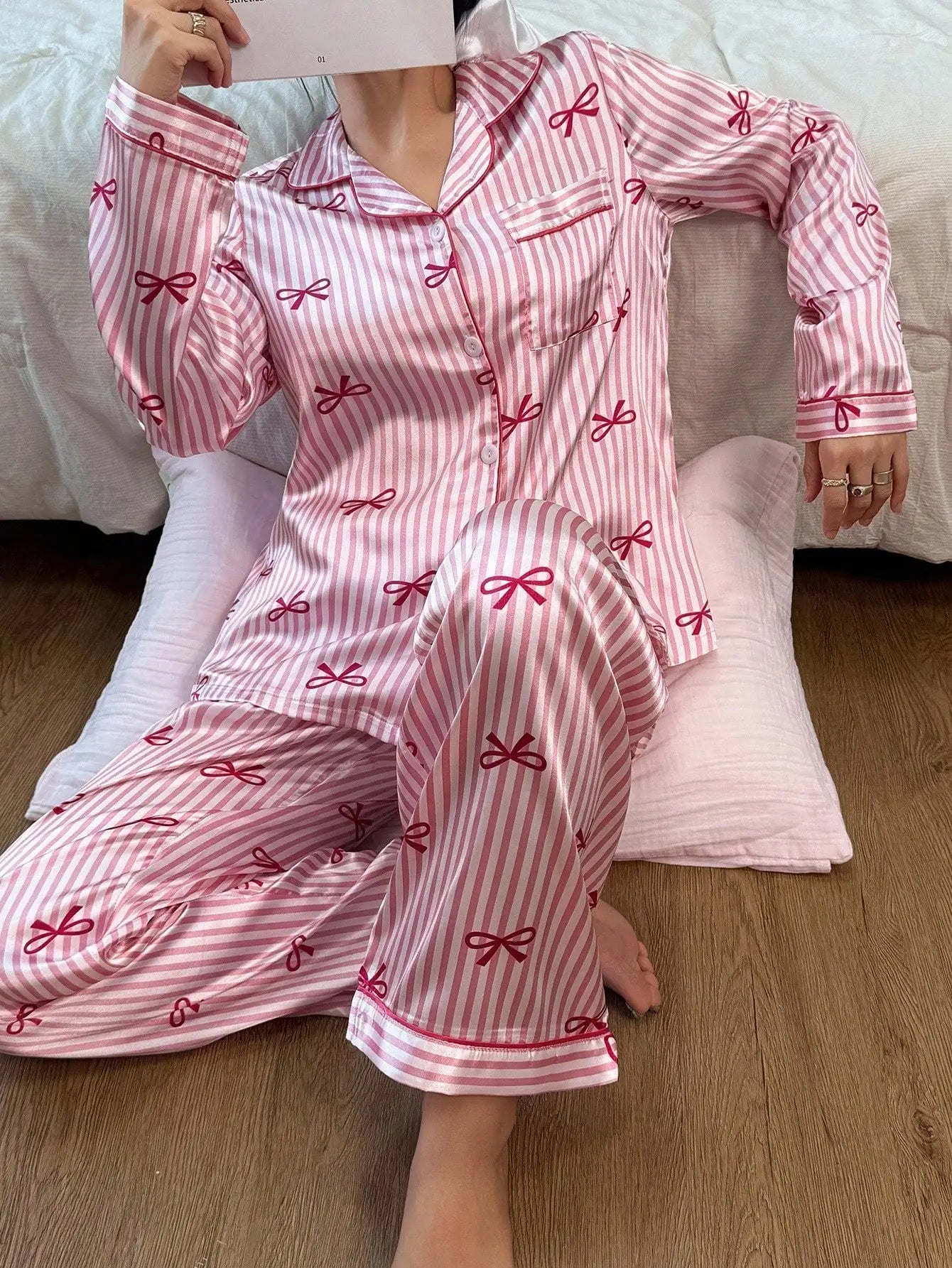 Women's Striped Satin Pajama Set With Bow Print Long Sleeve Top And Pants