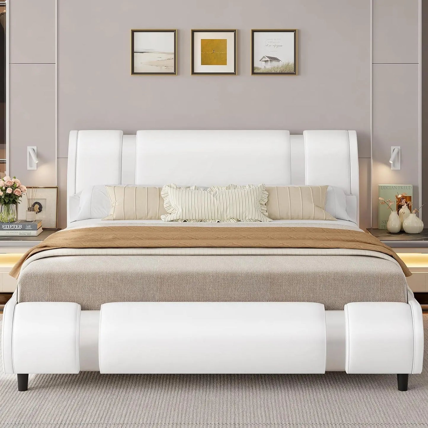 Keyluv Modern Faux Leather Upholstered Platform Bed Frame With Headboard