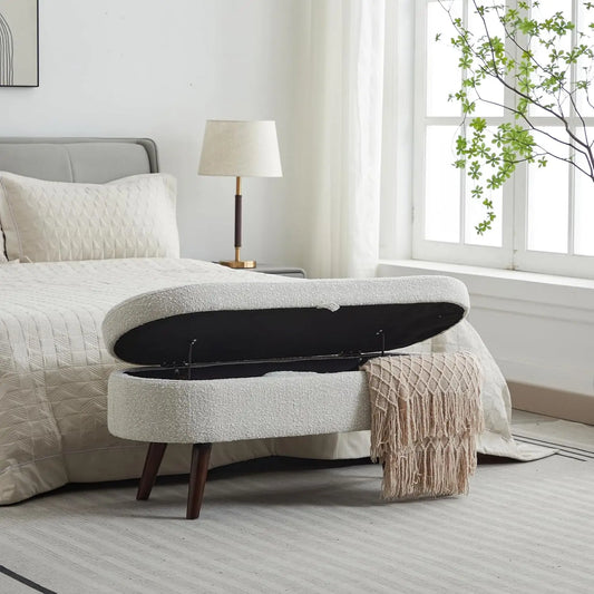 Todrani Boucle Storage Ottoman Bench With Safety Hinge Flip Top Wood Legs