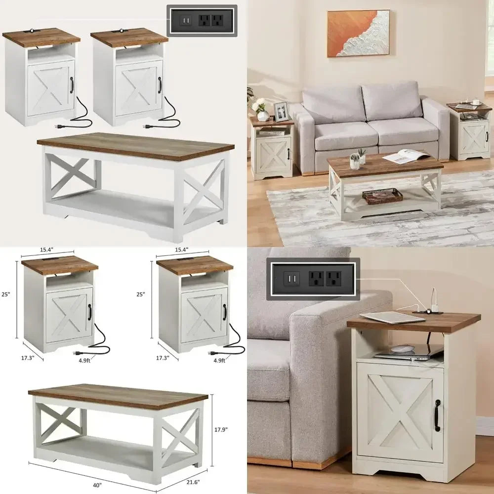 Farmhouse Style 3 Piece Living Room Set With USB Ports