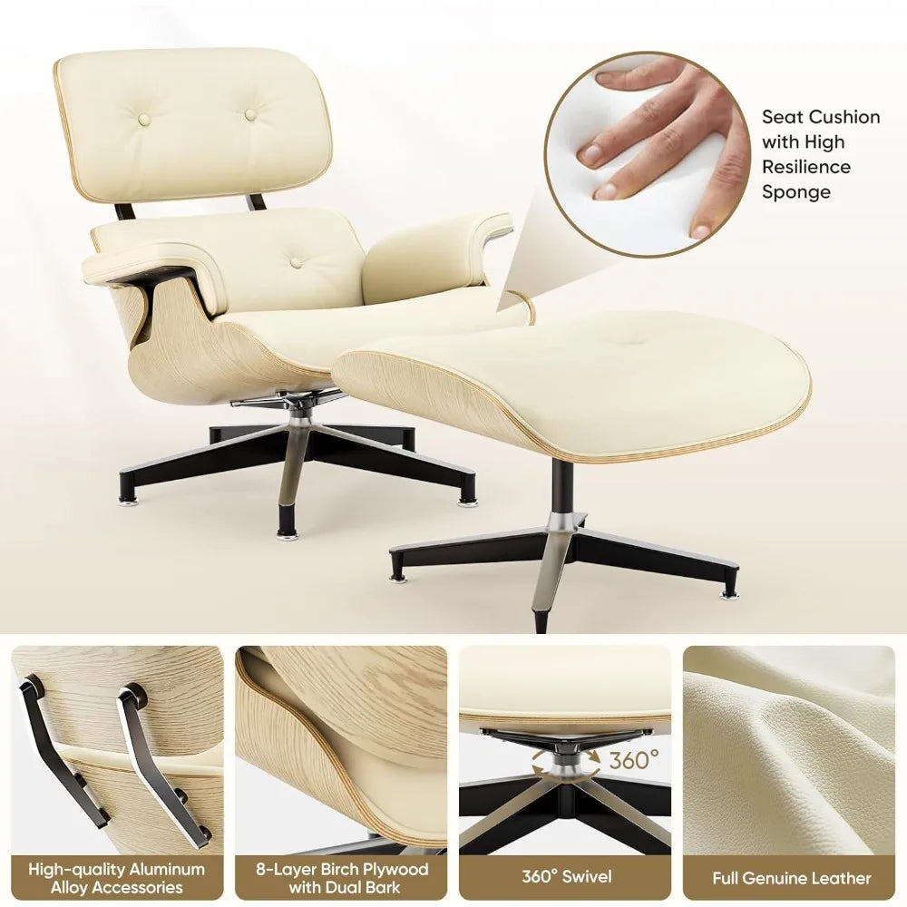 ZHUXIANG Grain Leather Mid Century Chaise Lounge Chair And Ottoman Ash Wood Base