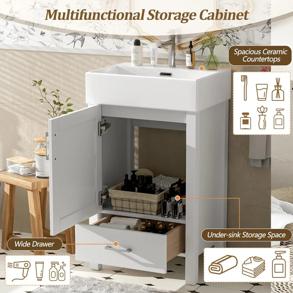Freestanding Bathroom Vanity With Ceramic Sink, Soft Closing Door
