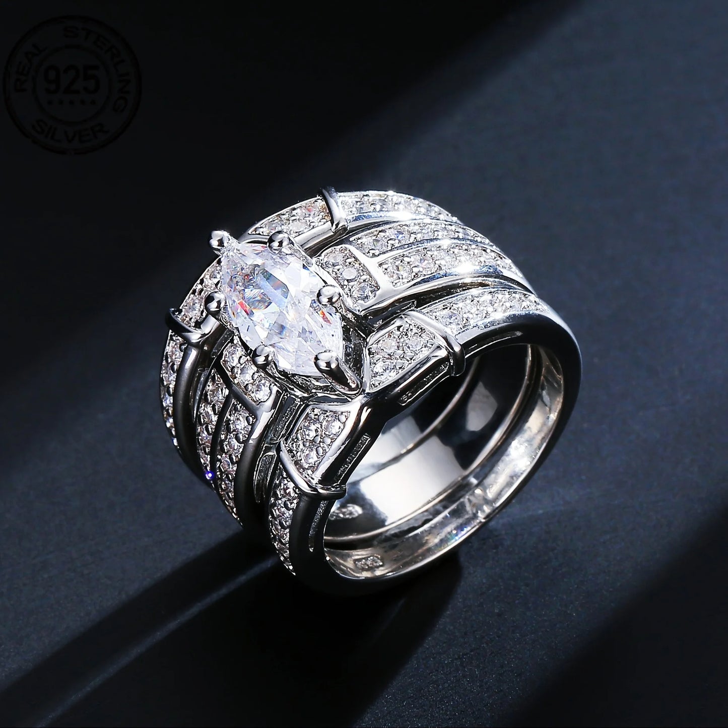 WPOOCC 3pc Sterling Silver Stackable Geometric Wedding Rings