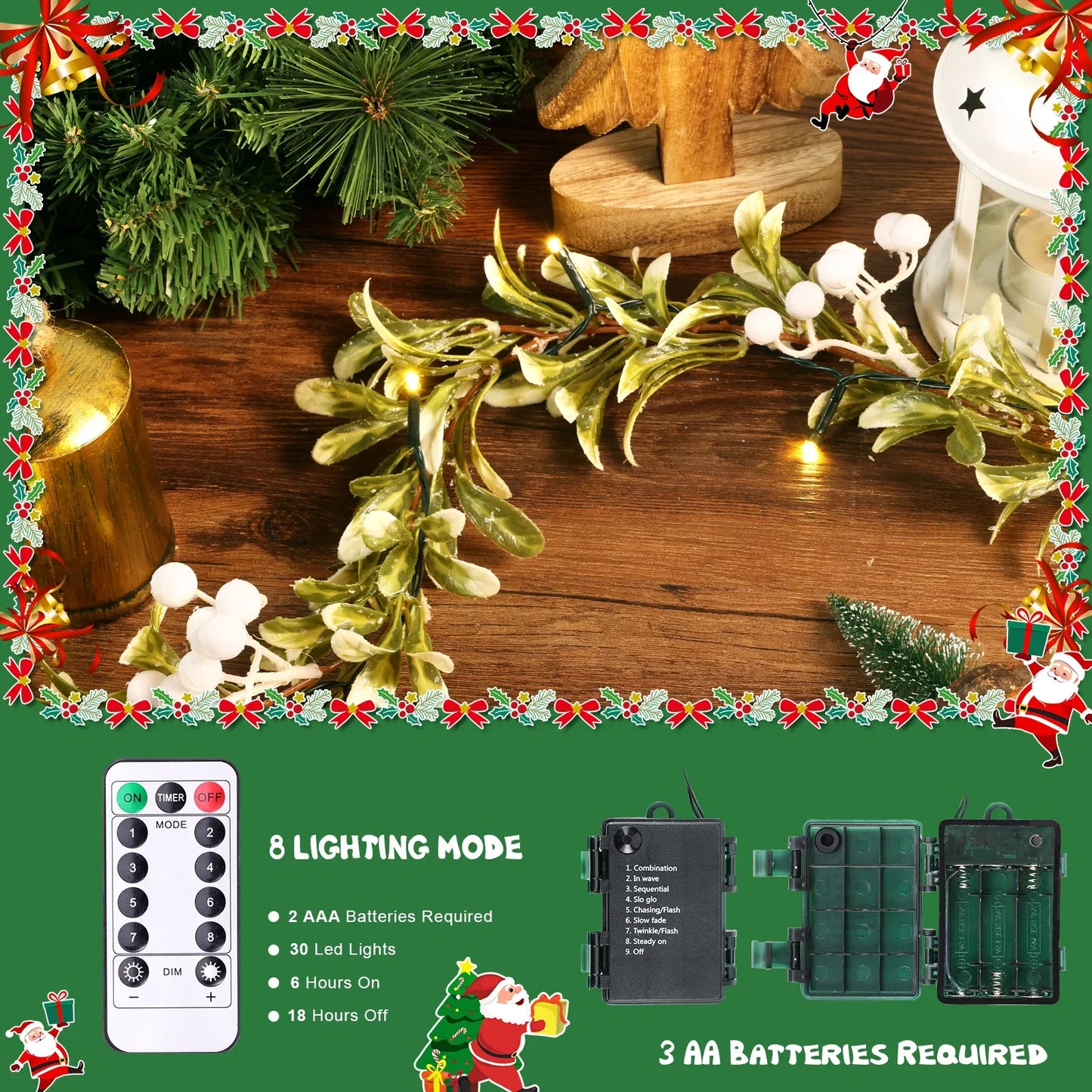 VKTECH Mistletoe Christmas Garland With Lights Prelit Flocked Cedar