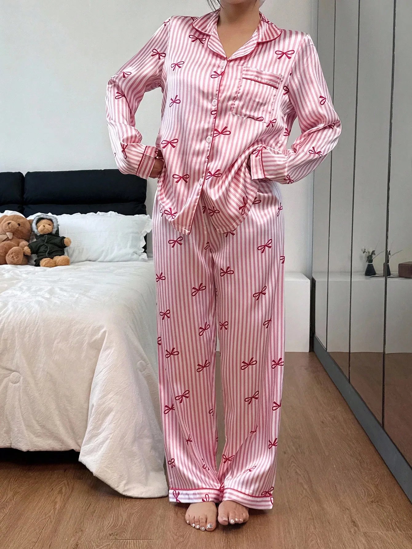 Women's Striped Satin Pajama Set With Bow Print Long Sleeve Top And Pants
