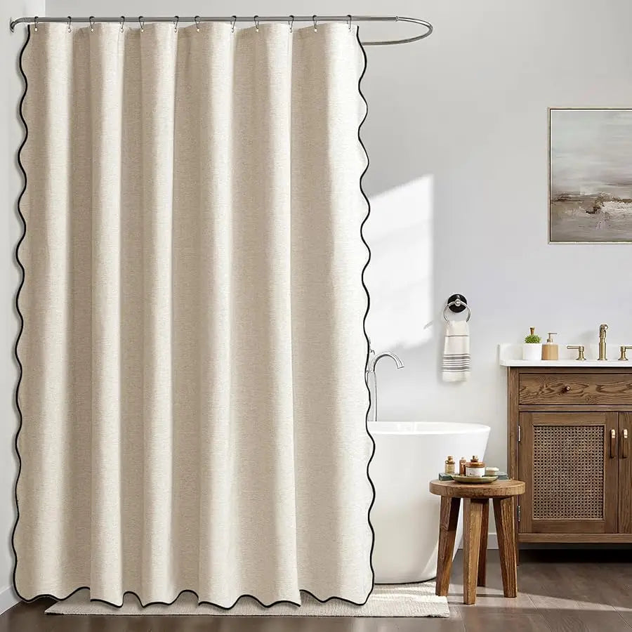 Guangdong Linen Scalloped Shower Curtain With Metal Hooks Waterproof